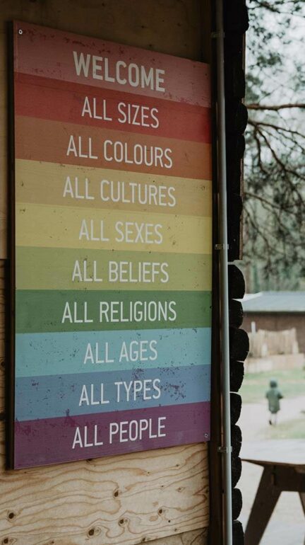 Dieses Bild zeigt eine mit Holz verkleidetet Ecke eines Gebäudes. An der Wand hängt ein Werkaus-Schild mit Direktdruck auf Holz. Es ist zu lesen: Welcome, all sizes, all colours, all cultures, all sexes, all beliefs, all religions, all ages, all types, all people.